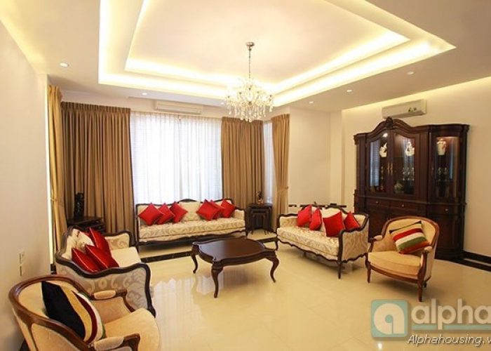 Modern villa for rent in Vuon Dao, Tay Ho, Ha Noi, spacious living room.